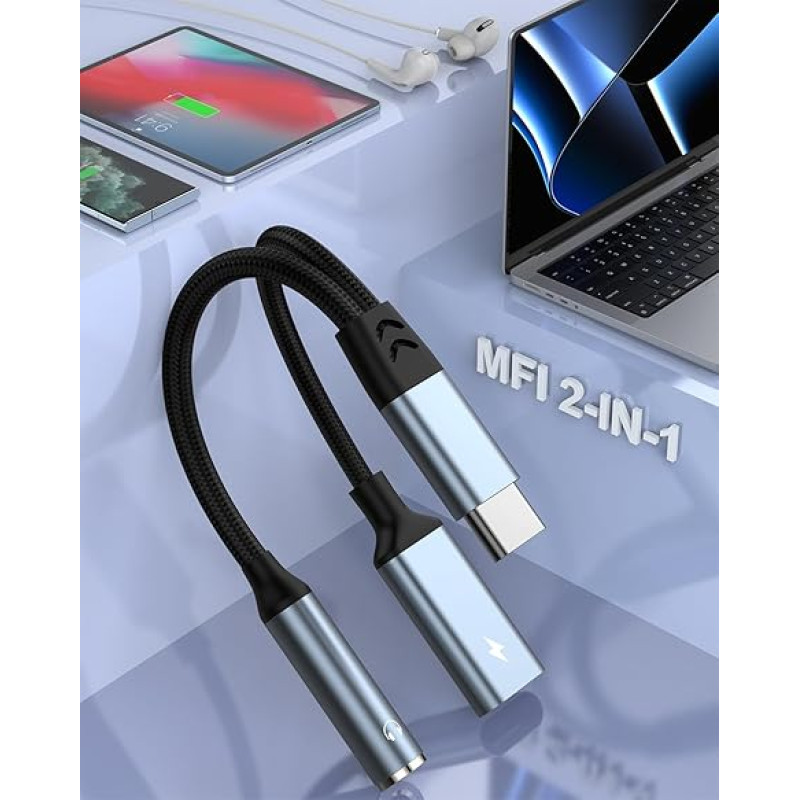 USB C ausinių adapteris ir įkrovimas, USB C į 3,5 mm lizdą pagalbinis garso adapteris [2 in 1] C tipo į 3,5 mm lizdą greitojo įkrovimo pintas kabelis, skirtas 