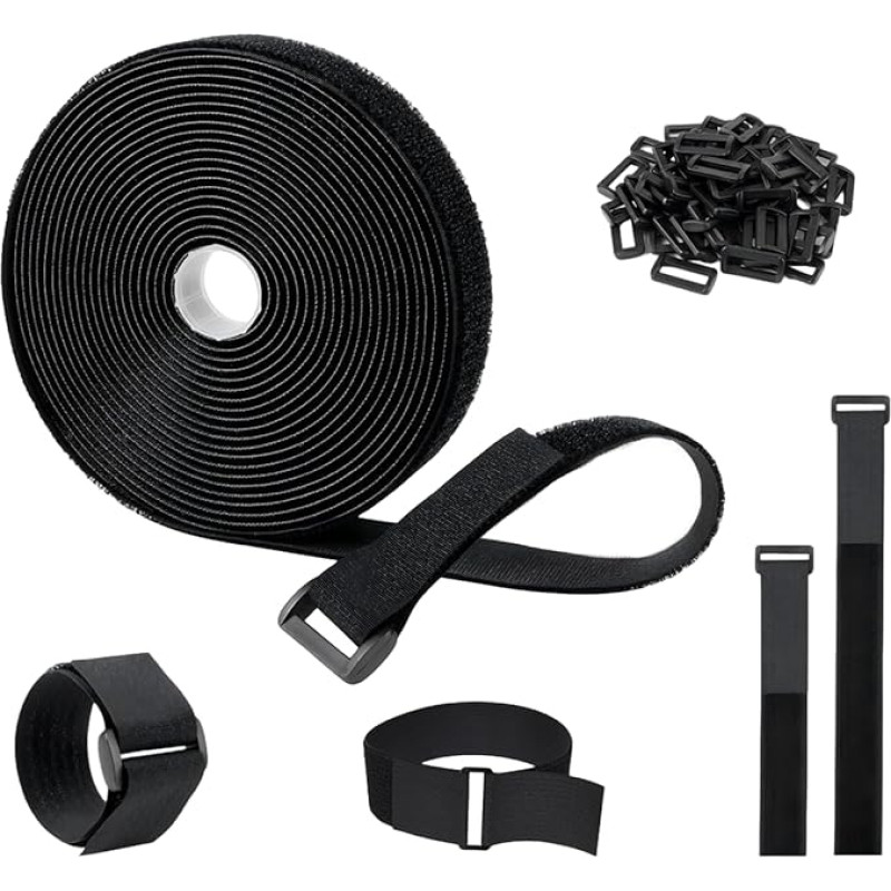 Verstellbare Kabelbinder mit 25 Schnallen, 5 m, schwarz, wiederverwendbar, Befestigungskabelbinder, freie Schnittlänge, für Zuhause, Büro, Aufbewahrung, Kabelführung, Kabel-Organizer, 3,8 cm breit