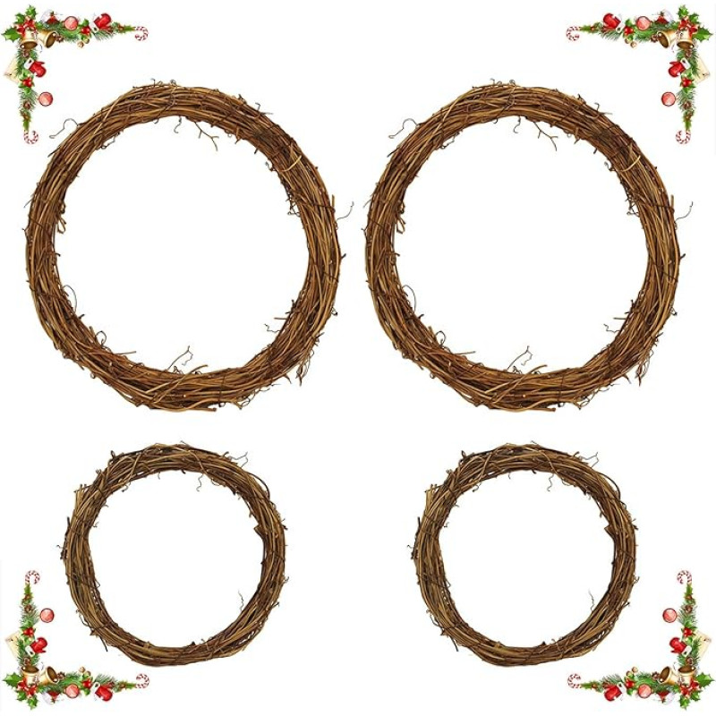 YankMooM Weihnachtskranz, 30 cm/20 cm, Weinreben-Kranz, runder Kranz, Rahmen für Weihnachten, Halloween, Thanksgiving, Tür, Wanddekoration, 4 Stück