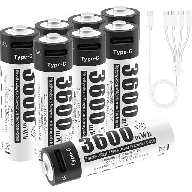 Įkraunama 1,5 V AA baterija, įkraunama ličio jonų baterija su 3600 mWh ir 1200 ilgų ciklų, 8 pakuotės AA ličio jonų baterijų, skirtų nuotolinio valdymo pulteliams, motorizuotiems žaislams, akumuliatoriams