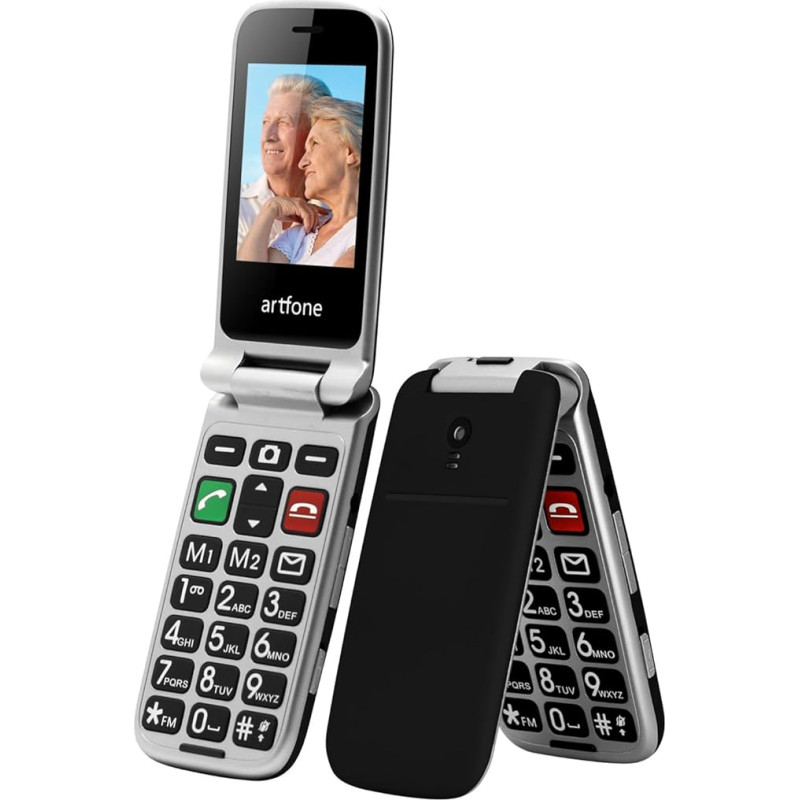 artfone CF241A GSM sulankstomas mobilusis telefonas Senjorų mobilusis telefonas su įkrovikliu ir fotoaparatu, dviejų SIM kortelių mobilusis telefonas su pagalbos iškvietimo mygtuku, 2,4 colio spalvotas ekranas, pensininkų mobilusis telefonas su dideliais 
