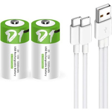 USB D ličio jonų įkraunamos baterijos, 1,5 V 12000 mWh įkraunamos D baterijos, 4H greitas įkrovimas, 1200 ciklų su C tipo įkrovimo kabeliu, apsauga nuo perkrovos, pastovus išėjimas, 2 vnt.