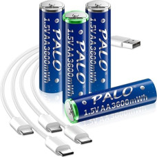 Mspalocell AA baterija USB-C ličio baterija, įkraunama 1,5 V 3600 mWh, greito įkrovimo įkraunamos baterijos su C tipo įkrovimo kabeliu, LSD mažo savaiminio išsikrovimo, su įkrovimo šviesa, 4 vnt., 1,5 V