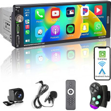 Hengweili Car Radio 1Din with Bluetooth 6.9 Inch Screen Compatible with Wireless Apple CarPlay/Android Car 2.1A Quick Charger Type-C USB Reversing Camera FM/RDS Radio