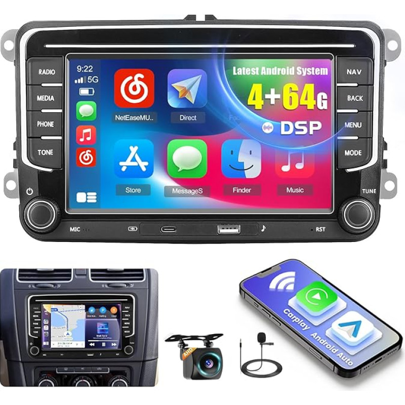 Ohradio DSP/4G+64G/Android15 automobilinis radijas VW Golf 5 6 Tiguan Caddy Polo Touran Android radijas 2 DIN belaidis Carplay Android automobilinis 7 colių jutiklinis ekranas su navigacija WiFi Bluetooth C tipo + atbulinės eigos