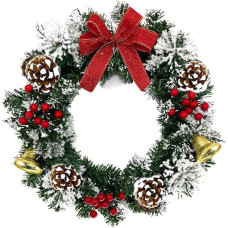 Türkranz Weihnachten, 30 cm, Weihnachtskränze für Haustür, Weihnachtsdekoration, Türkranz mit Schleife, Glocke, Tannenzapfen (Weiß + Grün)