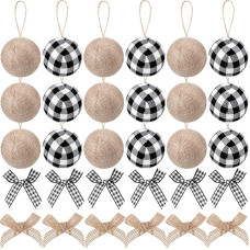 30 vienetų Kalėdų eglutės dekoracijos, 18 Buffalo Pledas audinio kamuolys ornamentai kaimiškas kamuolys 12 Kalėdų Mini Pledas lankai susukti kaklaraištis Burlap lankai namų dekoro (balta, juoda)