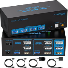 8K60Hz HDMI + Displayport KVM Switch 2 PC 3 Monitors USB 3.0 KVM Switch with 4 USB Ports for Two Computers Supports Extended & Copy Mode with Desktop Cable Controller and 2 USB Cables