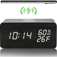 Digital Alarm Clock Wood with Wireless QI Charging, LED Digital Clock with 3 Alarm Settings and Display Function for Temperature and Humidity, Suitable for Living Room, Bedroom and Offices (Black)