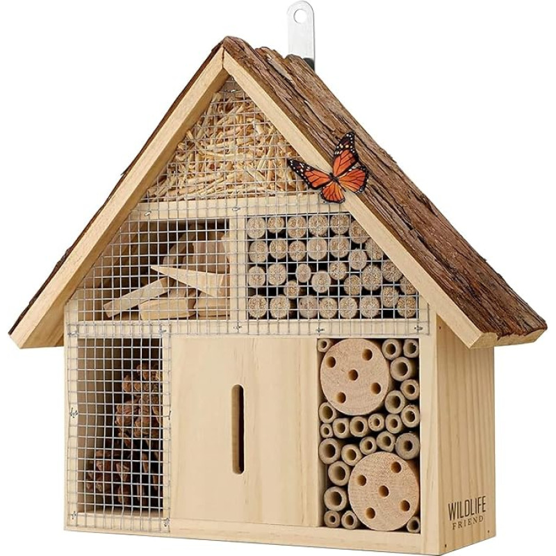 WILDLIFE FRIEND Vabzdžių viešbutis su korių stogeliu - 28 x 29,5 x 9 cm oro sąlygoms atsparus bičių viešbutis su bambuko vamzdeliais ir lizdavietėmis - drugelių namelis sode ir balkone - mažas