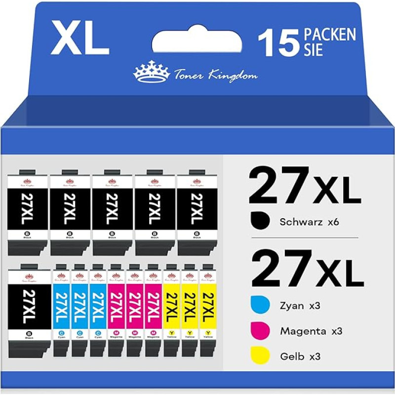 Toner Kingdom 27XL suderinama su Epson 27XL rašalo kasetė, skirta Epson Workforce WF-3620DWF WF-3640DTWF WF-7110DTWW WF-7210DTW WF-7610DWF WF-7620DTWF WF-7710DWF WF-7720DTWF WF-7720DTWF WF-7715DWF (15 vnt.)