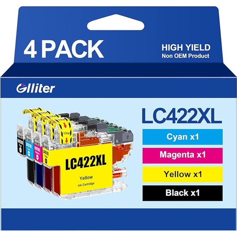 Glliter LC422XL kasetės Brother LC422 Brother LC422XL suderinamos su Brother MFC-J5340DW Kasetės Brother MFC-J5345DW MFC-J5740DW MFC-J6940DW MFC-J6540DW (juoda, purpurinė, žydra,