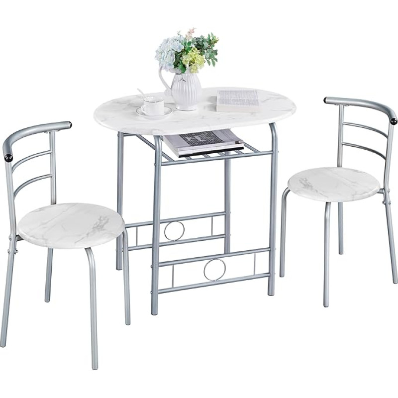 Yaheetech Kaimiško stiliaus valgomojo komplektas 2 asmenims su 1 valgomojo stalu ir 2 kėdėmis Virtuvės stalas su laikymo skyriumi Valgomojo stalo ir kėdžių komplektas, baltas