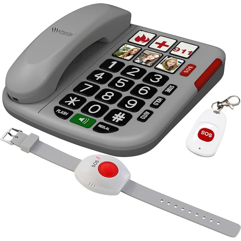 simvalley Communications Desktop Phone: Senior Emergency Telephone, Wireless SOS Button & Additional SOS Bracelet (Senior Landline Phone, Wall Desk Phone)