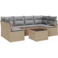 Rantry 7-teiliges Garten Sofa Set mit Kissen Beige Poly Rattan Gartenlounge Modelis3346280