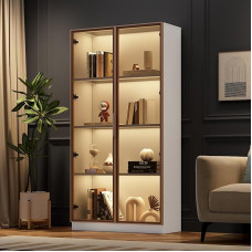 MQLAE Stiklinė vitrina su LED apšvietimu, balta spintelė, dvigubų durų vitrina su kilnojamomis lentynomis, 80 x 40 x 160 cm, aukšta svetainės spintelė, stovinti spintelė, vonios kambario spintelė (B)