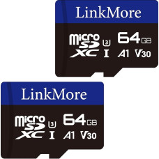 LinkMore 64GB Card (Pack of 2) Micro SDXC A1 UHS-I U3 V30 Class 10 + SD Adapter