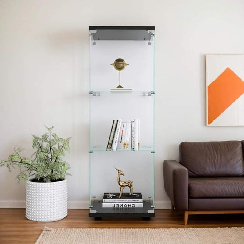 42 x 36 x 125 cm, stiklinė spinta su 3 lentynomis, 1 rakinamomis durelėmis, vitrina, kolekcinė vitrina svetainei (juoda/42 x 36 x 125 cm)