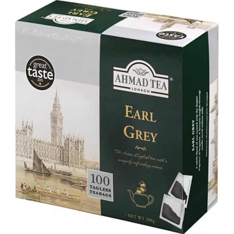Ahmad Tea - Earl Grey - Juodoji arbata iš didesnių arbatos lapelių su bergamotėmis - angliški arbatos maišeliai be juostelės, 2 g arbatos porcijoje - 100 arbatos pakelių