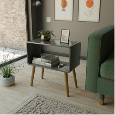 ETIQUETTE ART Retro knygų spinta, naktinis staliukas, šoninis staliukas, naktinis staliukas mažoms erdvėms, žurnalų stovas su saugykla, medžio kompozito naktinis staliukas, kavos staliukas, svetainė / miegamasis (pilka)