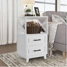 White Bedside Table, Tall Farmhouse Side Table with Drawers and Open Shelf, Rustic Wooden Side Table for Bedroom, Living Room