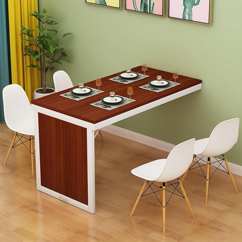 Nematomas teleskopinis sieninis sulankstomas stalas, kompaktiškas medinis valgomojo stalas virtuvei, svetainei, balkonui, mažam namų tualetui (tikmedis + baltas rėmas 10)