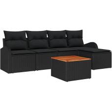 Rantry 6-teiliges Garten Sofa Set mit Kissen Schwarz Poly-Rattan Akazie Gartenlounge Modelis3347569