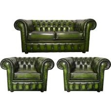 CK Chesterfield Genuine Leather 2 Seater Sofa + Two Club Chairs Sofa Set Antique Green