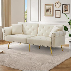 Šiuolaikinė 2 vietų sofa-lova su aksomo užvalkalu, 3 lygių atlošu ir paauksuotomis metalinėmis kojelėmis, stilinga sofa su miego funkcija, taupanti erdvę (smėlio spalvos)