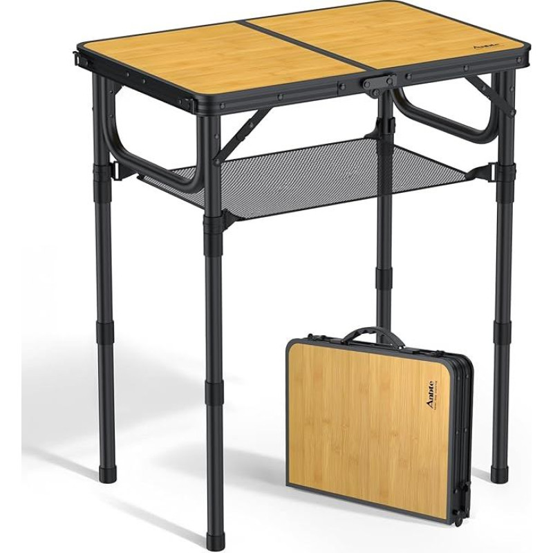 Stovyklavimo stalas sulankstomas 58 x 40 cm aliuminio juodo rėmo pikniko stalas 3 reguliuojami aukščiai 26/48/70 cm MDF medžio stalviršis su laikymo tinkleliu Sulankstomas stalas stovyklavimui paplūdimyje balkone (geltonas)