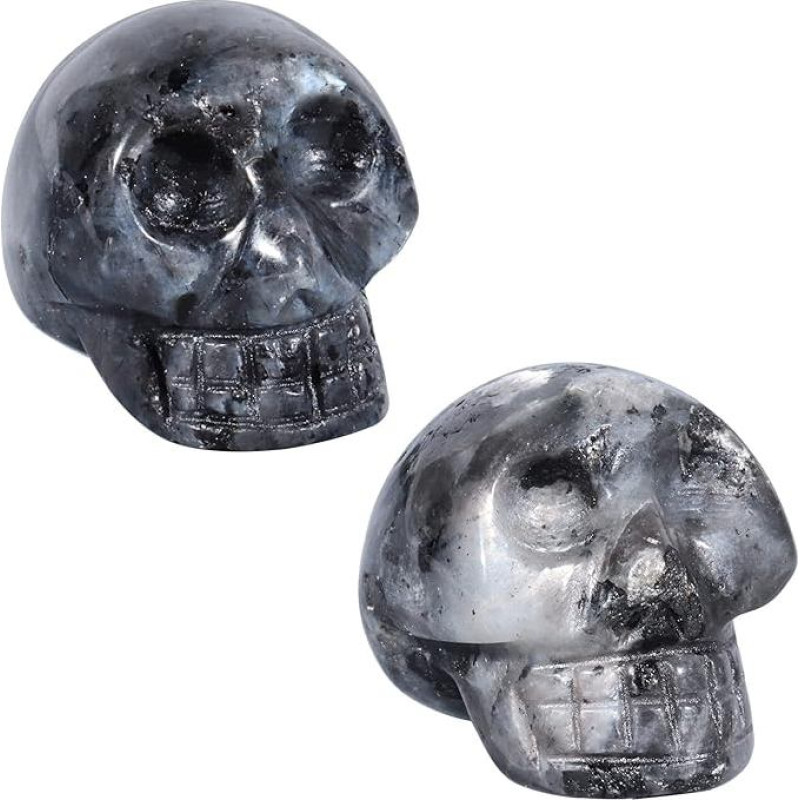 Nupuyai 2 dalys 2,5 cm mini raižytų kristalų kaukolės statulėlių rinkinys, krepšys gydomųjų akmenų galvos skulptūros dvasinis ornamentas namų biuro dekorui, labradoritas