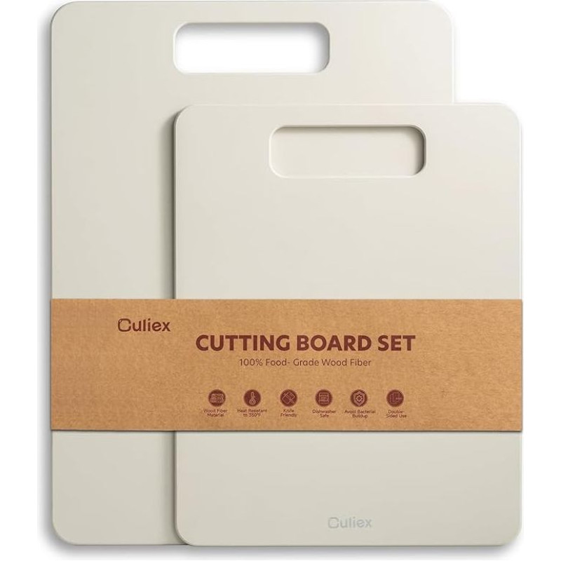 Medienos pluošto pjaustymo lenta, 2 pakuotės, indaplovėje plaunama kompozicinė pjaustymo lenta, didelio tankio, netoksiška, be BPA, su neslystančiomis kojelėmis, pritaikyta peiliams - idealiai tinka virtuvei ir dovanoms, balta