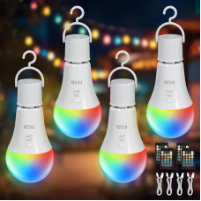 Kimjo RGB LED Lamp E27 Bulb with Remote Control, Pack of 4, Rechargeable Bulb with Battery and Timer, 7 W Dimmable Battery Lamp for Outdoor, Camping, 2000 mAh, with Hook