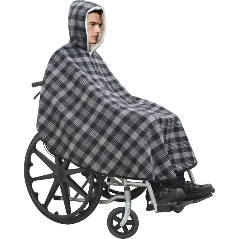 Neįgaliųjų vežimėlio apklotas Žiemos neįgaliųjų vežimėlio antklodė, skirta neįgaliųjų vežimėlių naudotojams, storas pliušinis audinys, šiltas suaugusiųjų neįgaliųjų vežimėlio antklodė su gobtuvu (juoda)