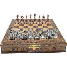 Classic Antique Copper Chess Set Handmade Pieces and Natural Solid Wooden Chessboard with Pearl Design Around Board and Storage Inside King 2.96 inch