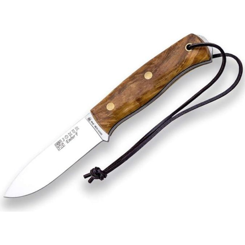 Medžioklinis peilis Joker Ember F CO123-P Medžioklinis peilis Rudas odinis dėklas su ugniai atspariu plienu Diržinis peilis, kurio geležtė 10,5 cm, pagamintas iš SANDVIK 14C28N plieno, alyvuogių medžio rankena, skirtas žvejybai, medžioklei, stovyklavimui 