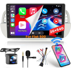 Hikity 2G + 64G for Fiat 500 2007 2008 2009 2010 2011-2015 Android Car Radio with 9 Inch Screen Wireless CarPlay Android Car Touchscreen Radio with Sat Nav RDS FM USB CANBUS MIC Reversing Camera