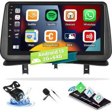 CAMECHO 2G + 64G Android 13 Car Radio for Renault Clio 3rd 2005-2014 with Wireless Carplay Android Car, 9 Inch Touchscreen Car Radio with Bluetooth Sat Navi Mirror Link RDS/FM SWC + Reversing Camera