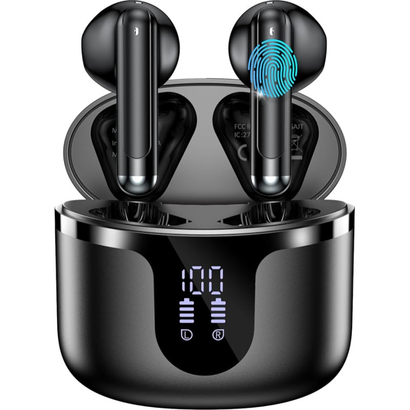 HKERR Bluetooth Headphones, Bluetooth 5.3 Stereo HiFi Headphones with Microphone 4 HD, Bluetooth Headphones 50 Hours LED Display, Touch Control, USB-C, Wireless Headphones IP7 Waterproof, Black