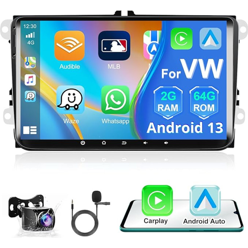 Podofo 2+64G Car Radio for VW Passat B6 Golf V VI 5 6 Polo Tiguan with Wireless A-pple Carplay/Android Car, Android 13 9 Inch Touchscreen Bluetooth/Navi/SWC/WiFi/Mirror Link/FM/RDS/HiFi + Reversing