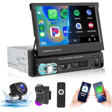 Podofo Carplay 7 Inch Car Radio 1 DIN Android Car/Mirror Link with Screen Bluetooth/EQ/FM Radio with Remote Control USB/Steering Wheel Control/AUX/MIC/SD+AHD Reversing Camera