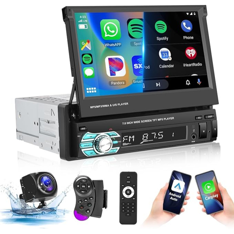 Podofo Carplay 7 Inch Car Radio 1 DIN Android Car/Mirror Link with Screen Bluetooth/EQ/FM Radio with Remote Control USB/Steering Wheel Control/AUX/MIC/SD+AHD Reversing Camera