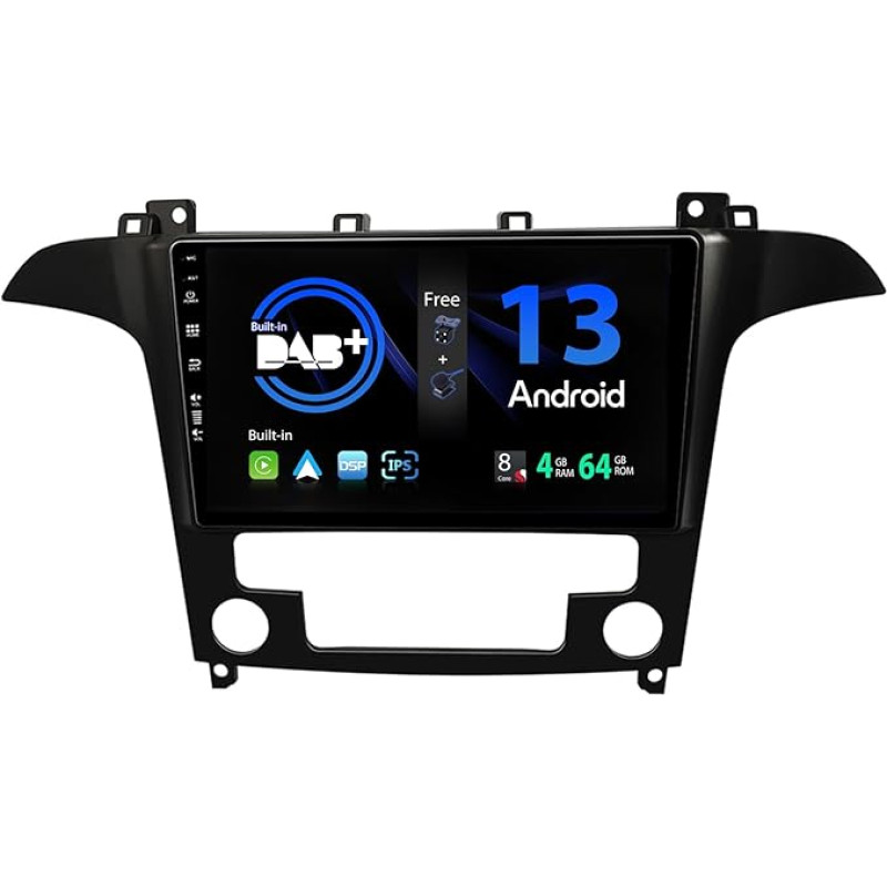 SXAUTO - Built-in DAB - Android 13 IPS Car Radio for Ford S-Max (2007-2008) - Built-in Carplay/Android Car - LED Camera + Mic - 4G + 64G - 360-CAM Steering Wheel Control Fast Boot WiFi - 2 DIN 9 Inch