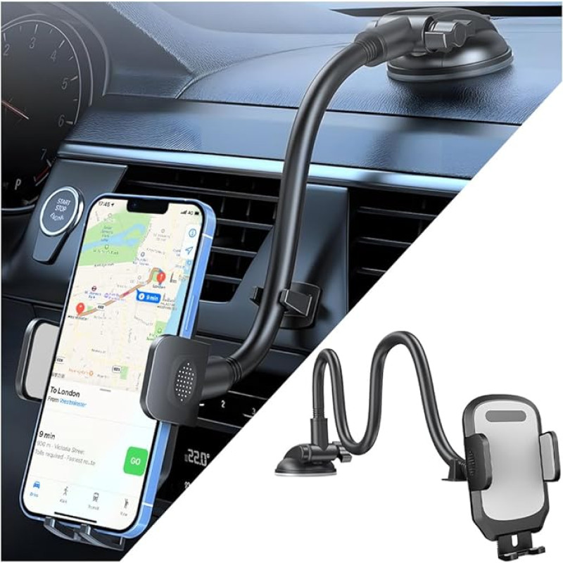 JNNJ Car Windscreen Phone Holder, Universal Car Suction Cup Dashboard Mobile Phone Holder, Car Mobile Phone Holder with Long Gooseneck, for Truck Van (Grey)