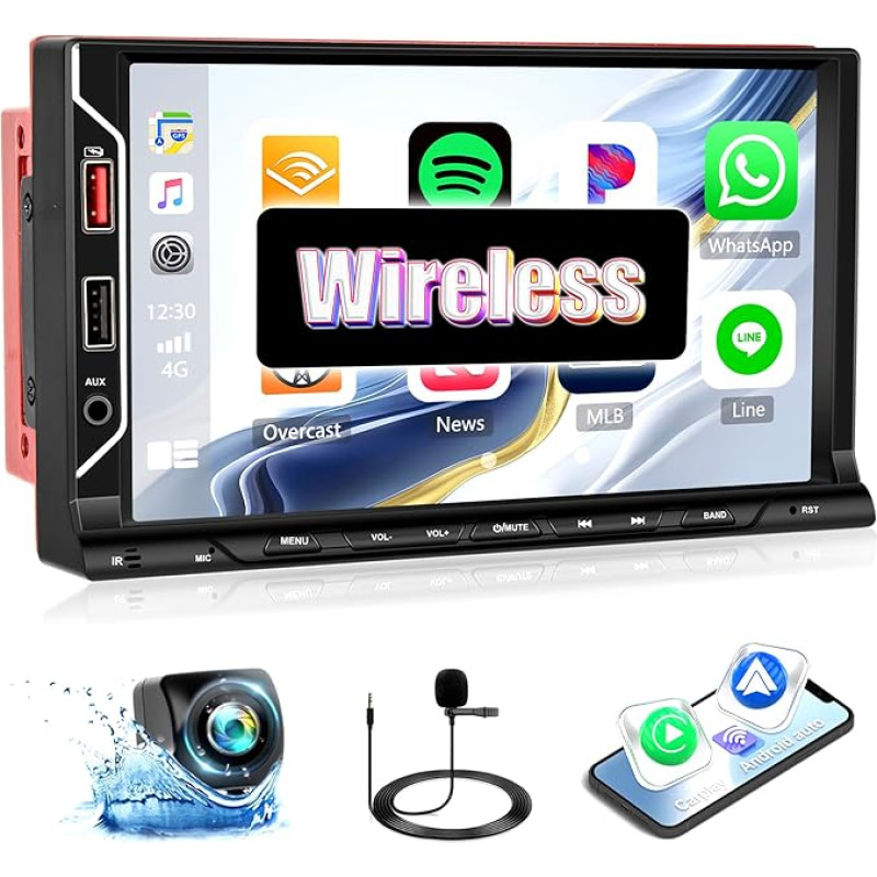 SIXWIN Double DIN Car Radio with Wireless CarPlay Android Car Radio Bluetooth 7 Inch HD Touchscreen MP5 Player Mirror Link FM/6 USB/AUX in/Fast Charge + Reversing Camera Remote Control Microphone