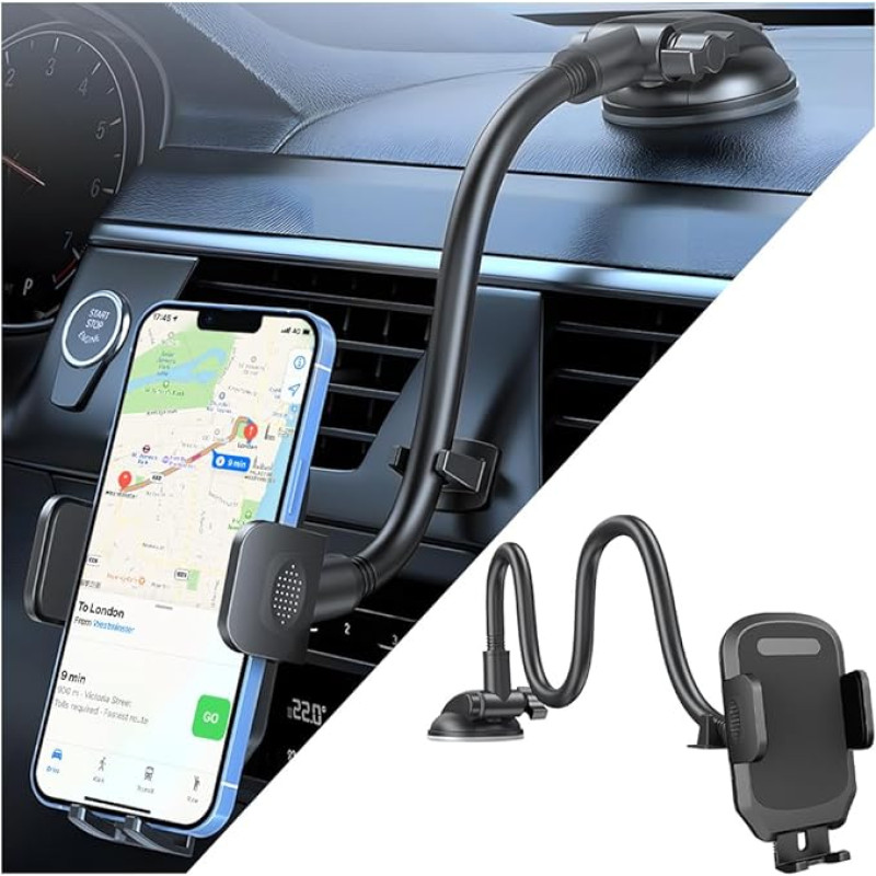 JNNJ Car Windscreen Phone Holder, Universal Car Suction Cup Dashboard Mobile Phone Holder, Car Mobile Phone Holder with Long Gooseneck, for Truck Van (Black)
