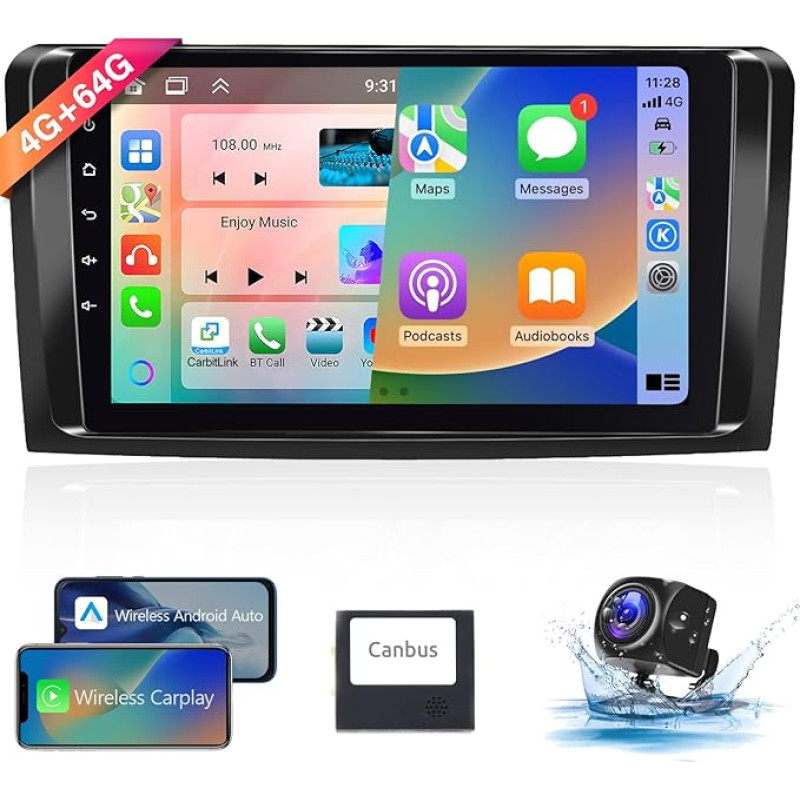 8 Core 4 + 64G: Hodozzy Carplay Car Radio for Mercedes-Benz GL ML Class W164 X164 2005-2011, 9 Inch Touchscreen Android Car Radio with Android Car/WiFi/GPS/RDS/Bluetooth/USB + Reversing Camera