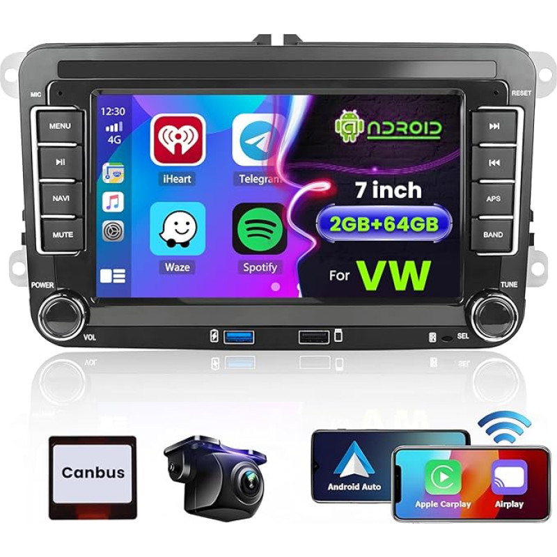 Hikity 2G 64G 7 Inch Car Radio Navigation for VW Golf Passat Polo Skoda Seat Caddy Touran Wireless Android Car Carplay 2Din Android 13 Car Radio with GPS Bluetooth WiFi RDS HI-FI FM 2USB SWC Reversing