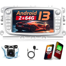 Podofo Car Radio for Ford Focus C-Max S-Max Mondeo Kuga Galaxy Mondeo Kuga with Wireless Carplay Android Car, 2+64G Android 13 Radio with 7 Inch Screen, GPS, WiFi, RDS + Reversing Camera & Mic, White