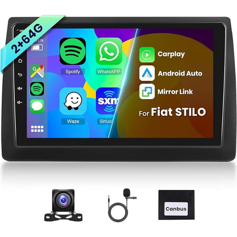 Hodozzy 2G + 64G Android Car Radio for Fiat Stilo 2002-2010 Wireless Carplay Android Car, 9 Inch Touchscreen Screen with GPS Navigation WiFi Bluetooth Mirrorlink Hifi FM RDS Canbus with Reversing